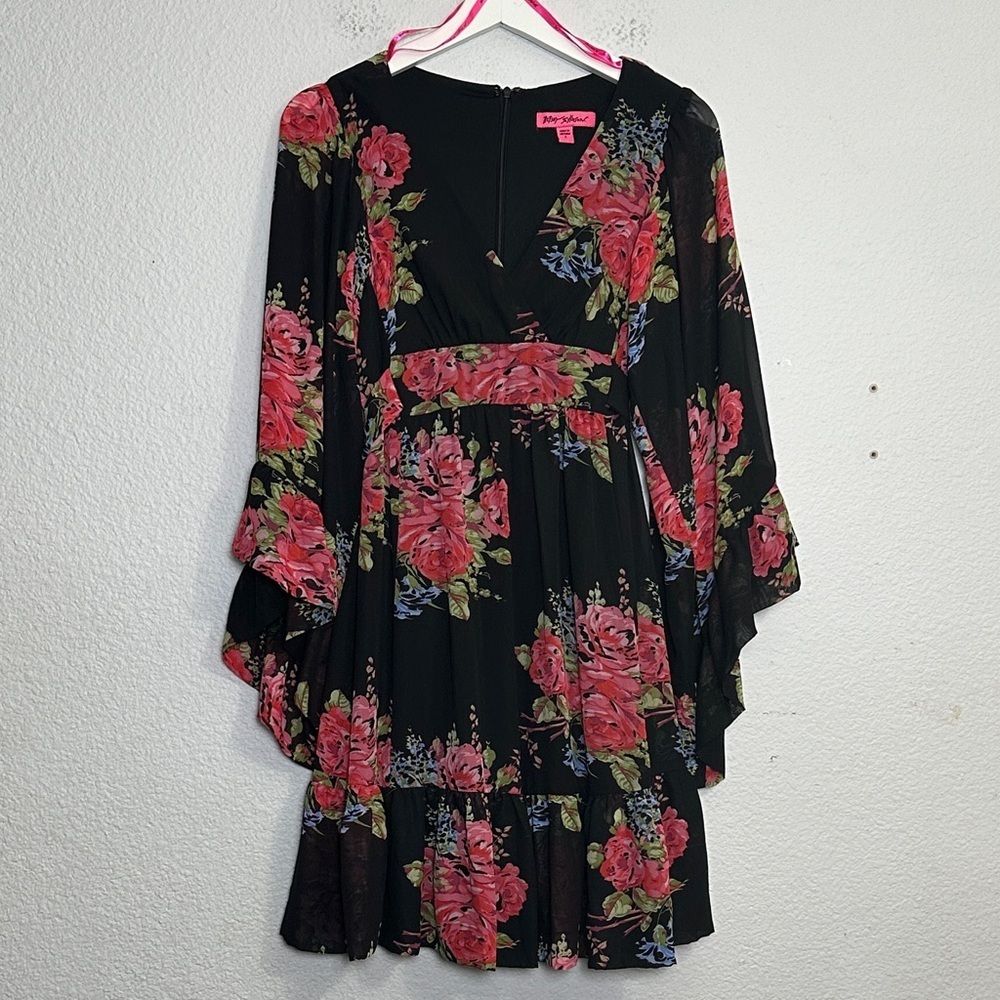 Betsey Johnson Bambi Black Floral Bell Sleeve Ruffle Mini Dress‎ Size 2 Festival - Picture 2 of 12